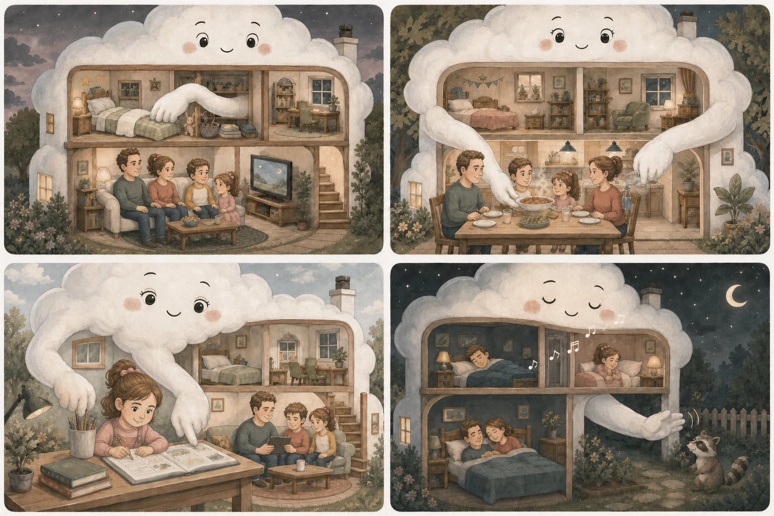 儿童绘本风格的四格插画,云朵化的家帮助四口之家收拾卧室、准备餐食、辅导功课,并在夜晚守护家人