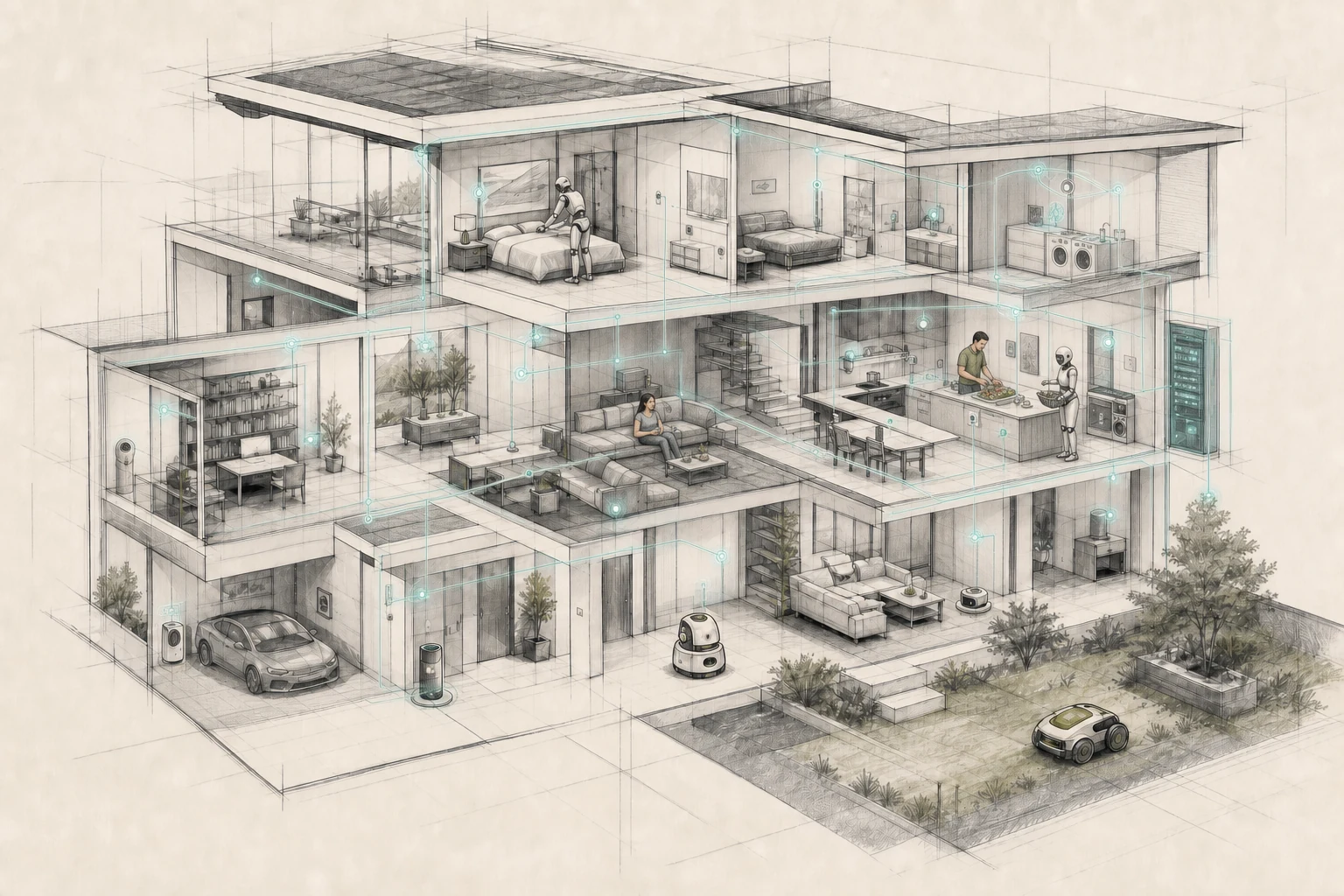 Architectural cutaway of a connected home where HomeOS coordinates people, devices, and domestic robots through a shared network
