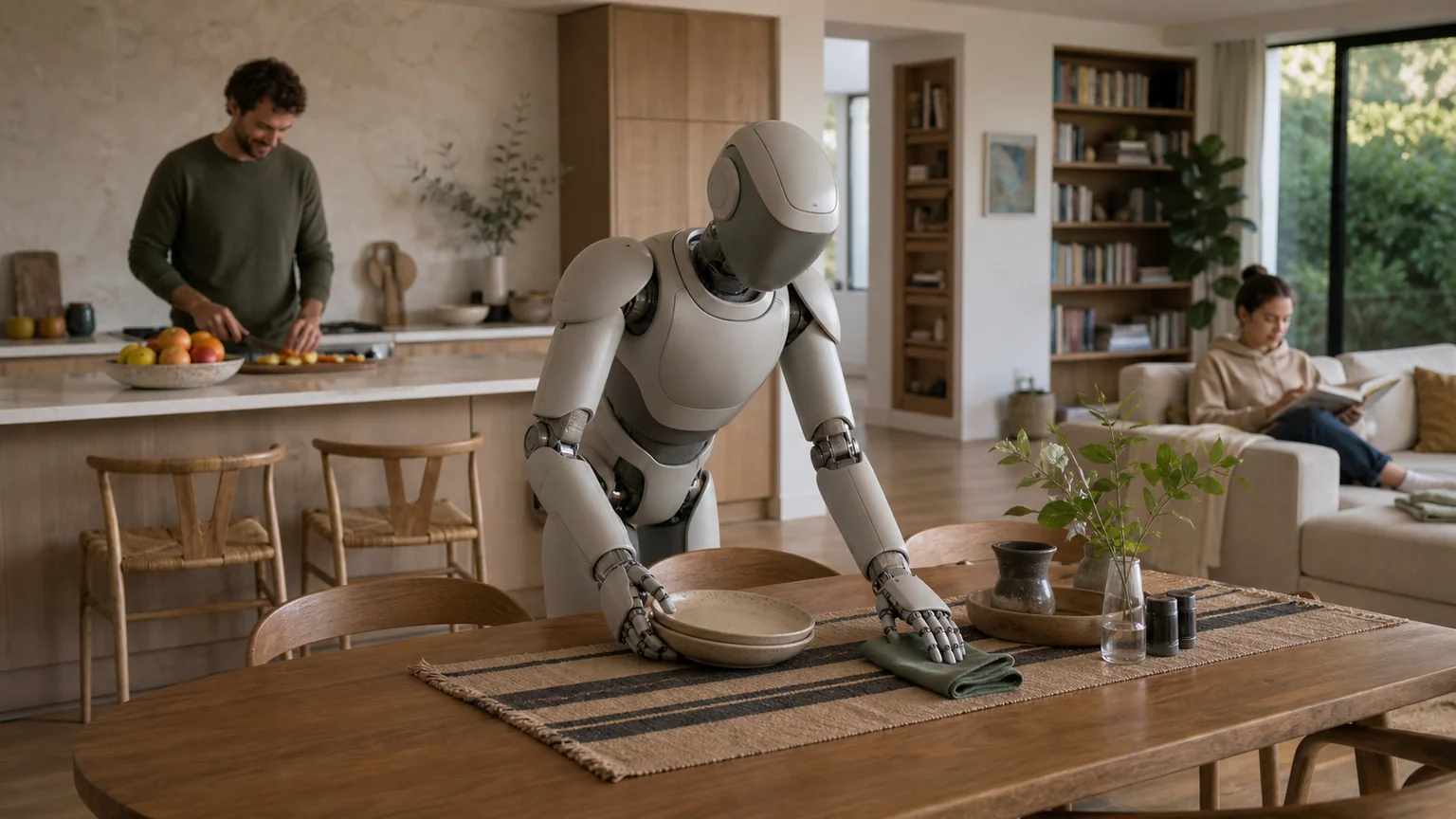 An original concept scene of an unbranded humanoid robot helping a family with everyday work in a connected home.